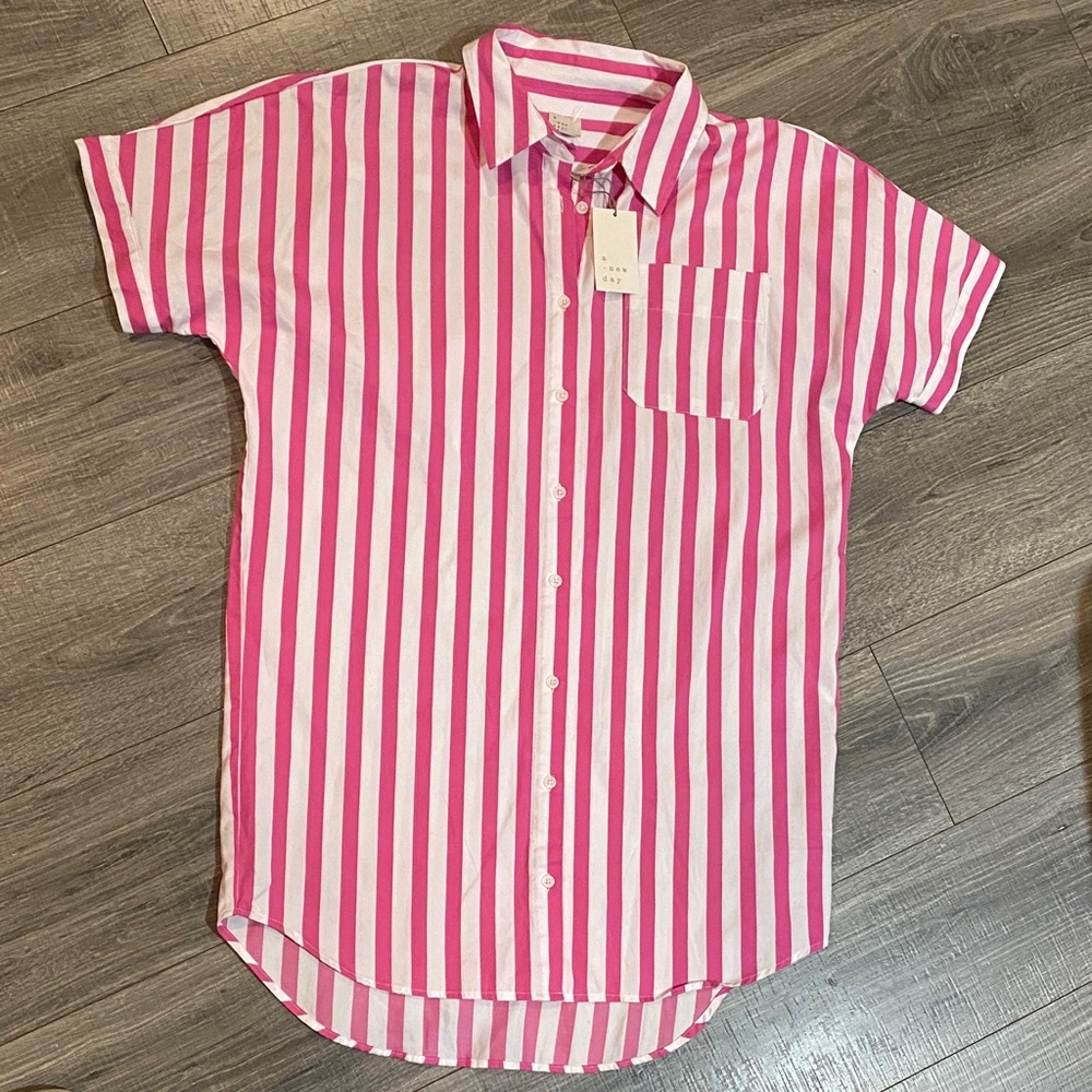 a new day Pink & White Striped Short-Sleeve Button-Down Shirt Dress NWT